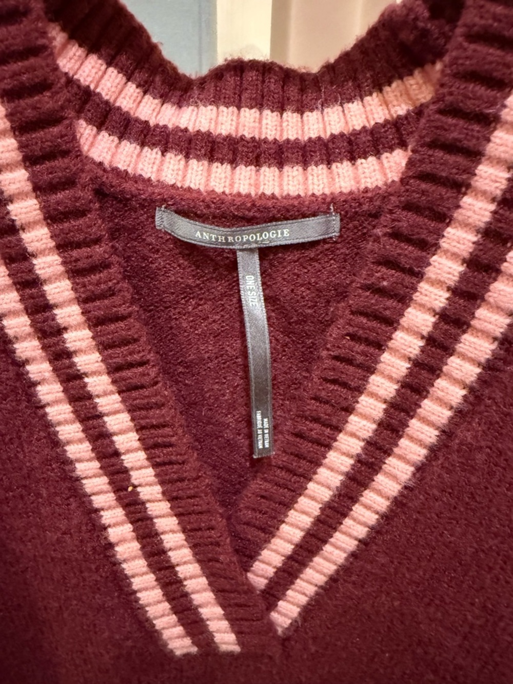 V-Neck Knit Sweater Vest in Burgundy with Pink Trim - Picture 2 of 3